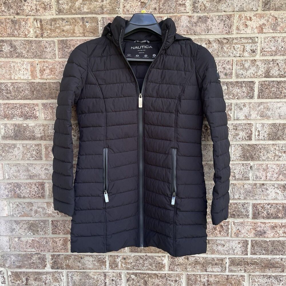 Nautica Black Hooded Puffer Jacket Women’s Medium Quilted Full Zip Winter Coat